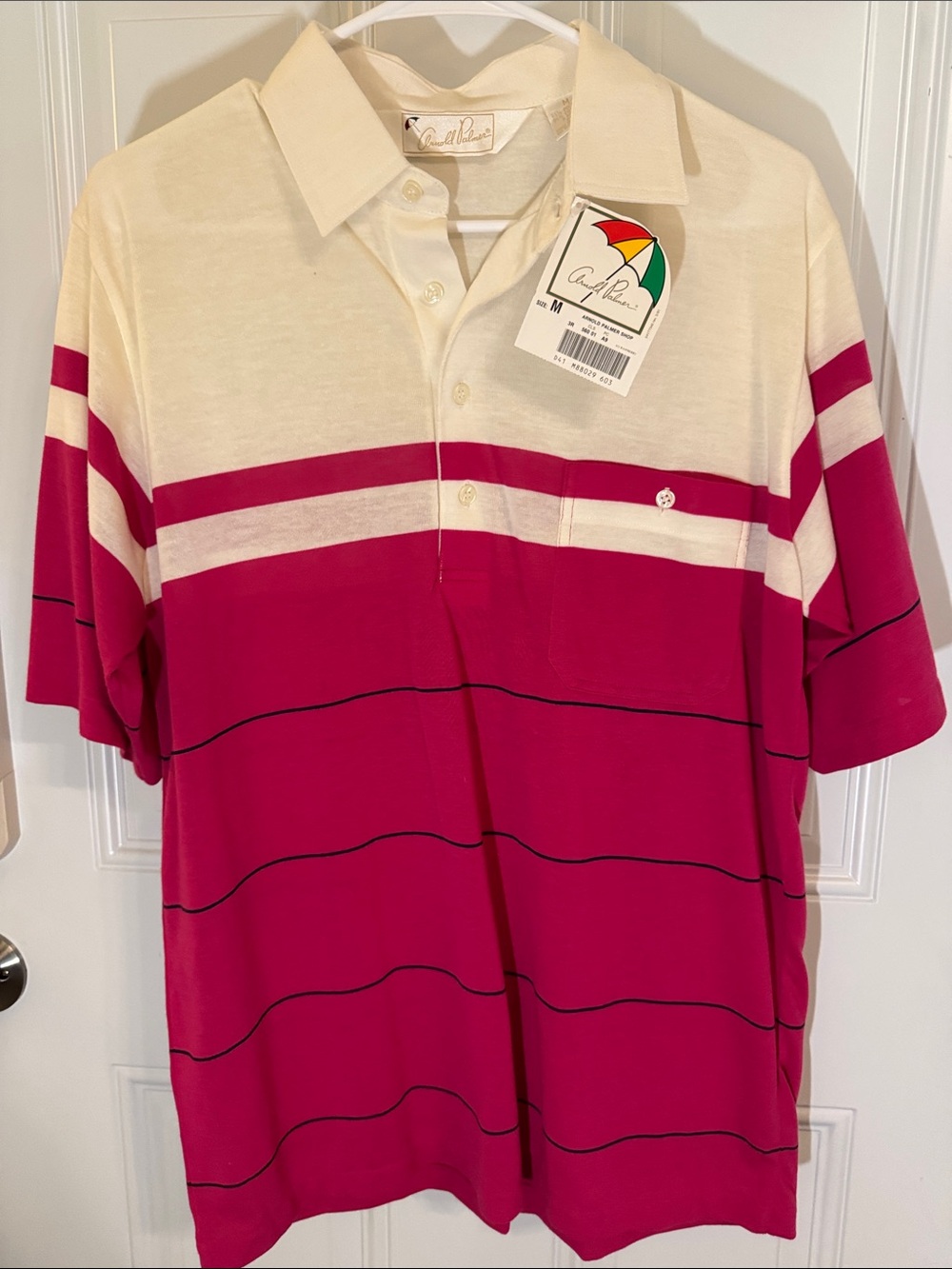 Arnold Palmer Cream and Magenta Striped Short-Sleeve Polo